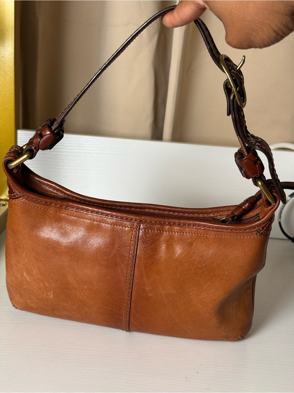 Coach Cognac Leather Shoulder Bag with Brass Hardware